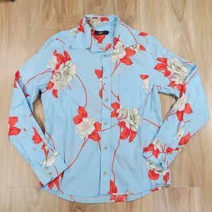 🔺️New Man Blue Floral Button Long Sleeve Shirt Men's Small